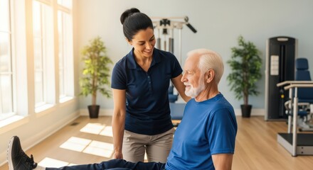 Woman physiotherapist assisting senior man with leg exercise during rehabilitation therapy. Physical recovery and health support concept.
