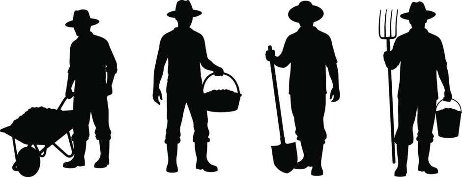 Farmer silhouettes set, agriculture worker vector, gardening tools collection, man with shovel wheelbarrow pitchfork, rural lifestyle illustration, farm labor people, black isolated figures.