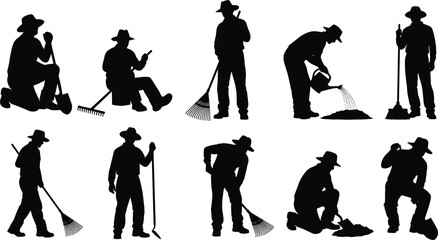 Farmer silhouettes set, gardening worker vector, man with tools collection, shovel rake watering can, agriculture people illustration, rural lifestyle figures, black isolated icons. © It's Majed Here