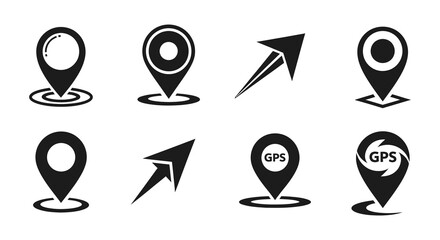 Collection of various black location pin and map marker icons displayed together
