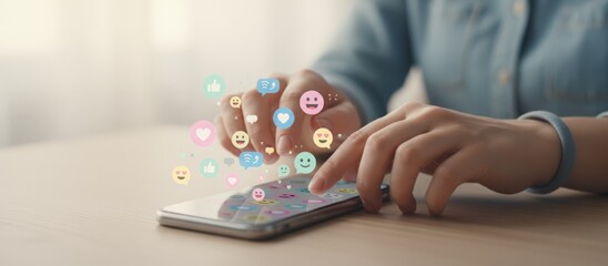 Young woman's hands actively using a smartphone for social media networking, experiencing a rising swarm of colorful reaction emojis and communication icons on the screen