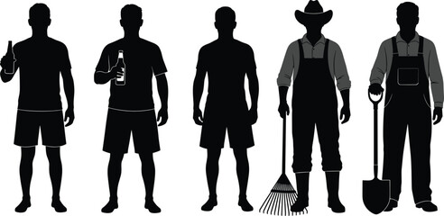 Man standing silhouette collection, casual male drinking beer, farmer worker with shovel rake, gardener vector illustration, isolated black people figures, lifestyle set. © It's Majed Here