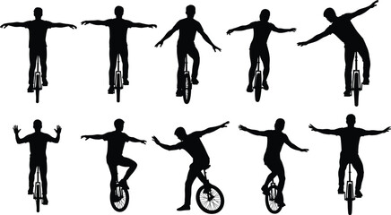 Man riding unicycle silhouettes, circus performer set, balancing act vector, one wheel bike, male rider figures, black isolated illustration, extreme sport collection, fun activity. © It's Majed Here