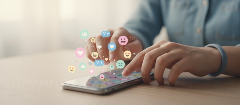 Young woman's hands actively using a smartphone for social media networking, experiencing a rising swarm of colorful reaction emojis and communication icons on the screen