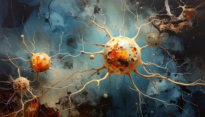 Colorful artistic visualization of brain neurons with branching dendrites and axons in a cosmic background.