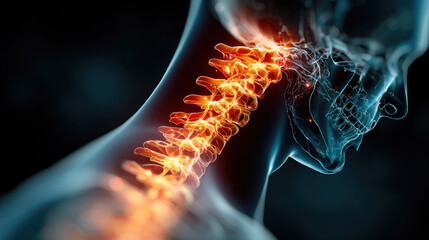Human body showing cervical spine with red highlighting indicating pain, injury, or inflammation, representing neck discomfort and medical condition in anatomy visualization