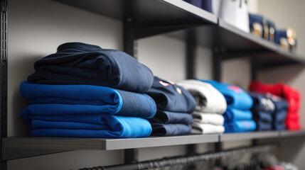 Folded sportswear on display in a retail store, ready for purchase. Stacks of athletic apparel are neatly arranged on shelves, showcasing the latest activewear designs
