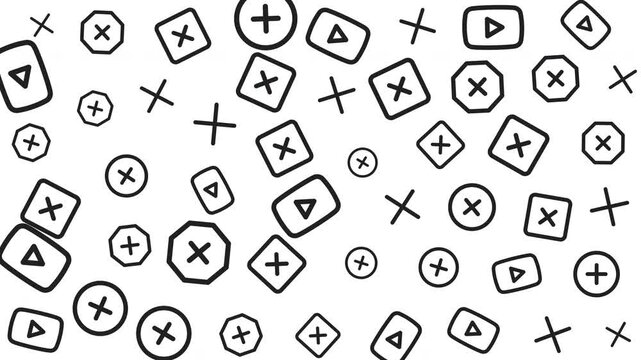 Seamless pattern of hand-drawn geometric shapes including circles, squares, and crosses in black outline on white background, graphic design, flat viewpoint