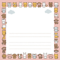 Cute cartoon animal border on a pink background with a white space for text and dotted lines, perfect for notes or invitations.