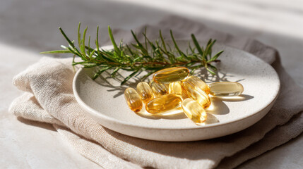 Omega-3 capsules with rosemary on a plate, promoting health and wellness. This image showcases omega-3 capsules, a rosemary sprig, and a linen cloth, all arranged on a plate