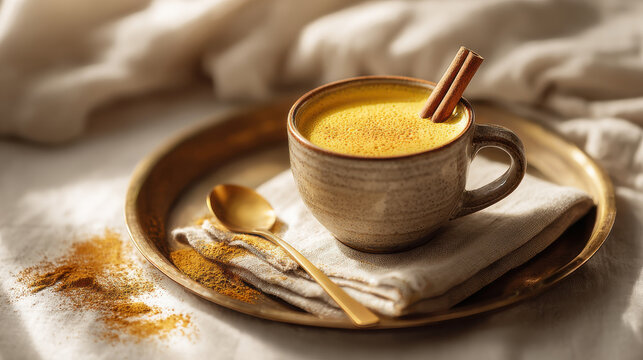 Golden milk latte with cinnamon stick on a tray, healthy drink concept. This warm, comforting beverage is a delicious and soothing way to enjoy the benefits of turmeric and spices