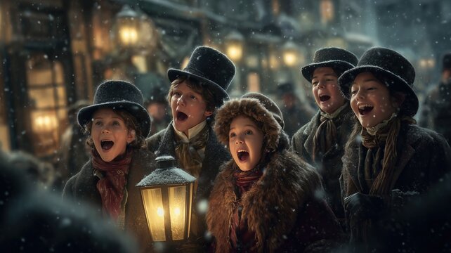 Victorian-era carolers singing outdoors in traditional clothing under softly falling snow, illuminated by warm street lamps, with festive decor and people gathering in a lively winter night scene