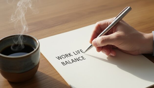 Hand writing work life balance on a paper with a pen at a wooden desk, next to a steaming cup of coffee, symbolizing personal well being and productivity