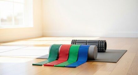 Colorful resistance bands and foam rollers on a yoga mat in a bright room. Home fitness equipment for exercise and physical therapy.