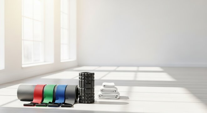 Fitness equipment with foam roller, resistance bands, yoga mat, and towel on a light floor. Home workout and physical therapy concept.
