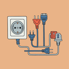 Illustration of a single wall outlet overloaded with multiple electrical plugs and adapters.