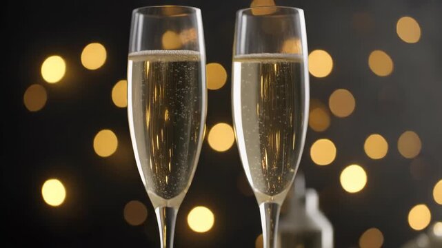 Elegant shot of sparkling champagne in glasses with festive golden bokeh lights background for New Years celebrations and special occasions