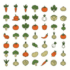 A collection of various colorful outlined vegetable icons arranged in a grid pattern on a white background.
