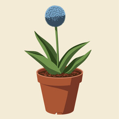 An illustration of a potted plant with green leaves and a spherical blue flower head in a terracotta pot.