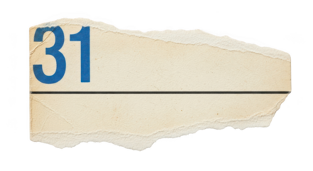 Torn paper with blue number 31 isolated on transparent background