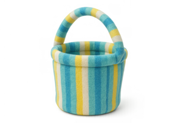 Empty striped fleece easter basket with handle, colorful blue, yellow, and white pattern, isolated on transparent background