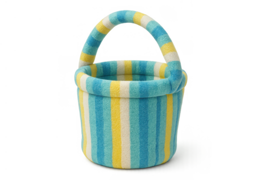 Empty striped fleece easter basket with handle, colorful blue, yellow, and white pattern, isolated on transparent background - Powered by Adobe