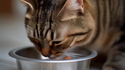 Bengal cat eating from metal bowl close-up. Domestic animal at home. Feeding brown kitten on floor. Healthy food for pedigreed pets. Hungry little best friends. 