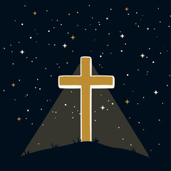 A golden cross illuminated by spotlights under a starry night sky, symbolizing faith and hope.