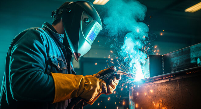 Soldador profesional trabajando con chispas en un taller industrial oscuro o f&aacute;brica de autom&oacute;viles, vista lateral.