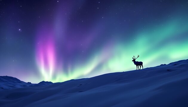 A lone reindeer stands proudly in silhouette on the snowy hill beneath shimmering aurora borealis lights forming a majestic natural night display - Powered by Adobe