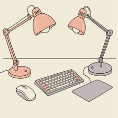 An illustration of a minimalist desk setup featuring two adjustable desk lamps, a keyboard, a mouse, and a mouse pad.