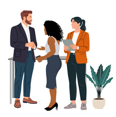 Flat minimalist illustration of diverse business professionals talking in a modern office with a potted plant. Clean design, limited palette, smooth lines, and casual workplace atmosphere