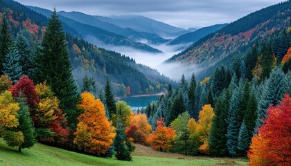 beautiful mountain landscape with a forest, lake, and colorful trees in autumn against the backdrop of a blue sky.