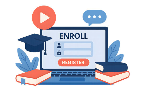 Online education concept with laptop, books and symbols.