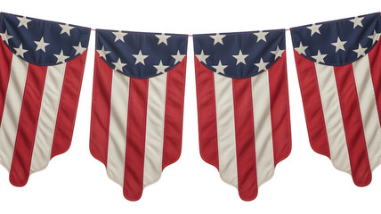 Four patriotic american flags in a row draped and hanging creating a festive banner for celebrations isolated on transparent background