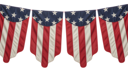 Four patriotic american flags in a row draped and hanging creating a festive banner for celebrations isolated on transparent background