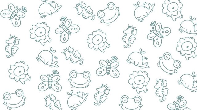
Pattern with drawings of cute animals and insects, perfect for childrens stationery, fabric prints, and children book illustrations. Great for kid fiendly design projects.
