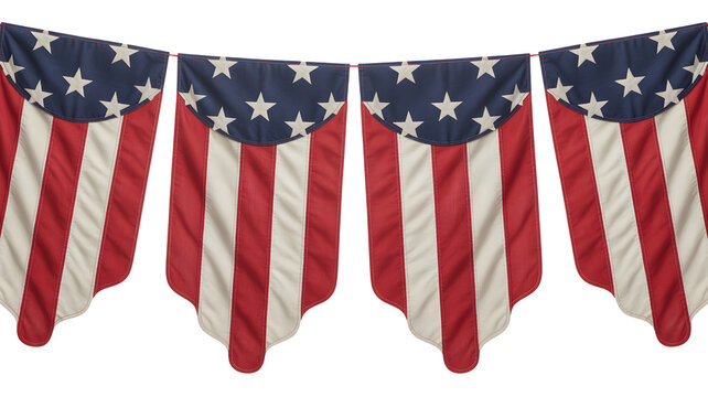 Four patriotic american flags in a row draped and hanging creating a festive banner for celebrations isolated on transparent background