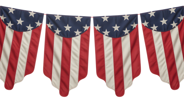 Four patriotic american flags in a row draped and hanging creating a festive banner for celebrations isolated on transparent background