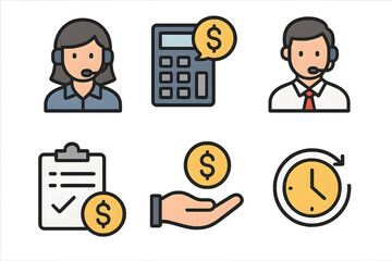 Icons of customer service and financial concepts.