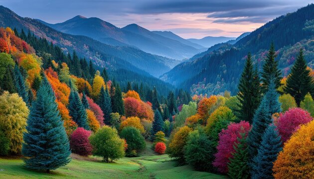 beautiful mountain landscape with a forest, lake, and colorful trees in autumn against the backdrop of a blue sky.