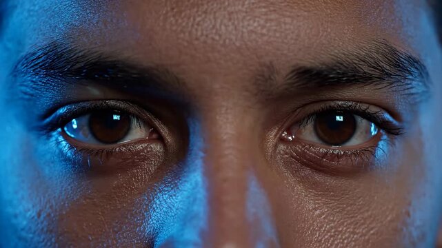 Extreme close-up view of a pair of brown eyes with strong blue lighting highlighting the skin texture