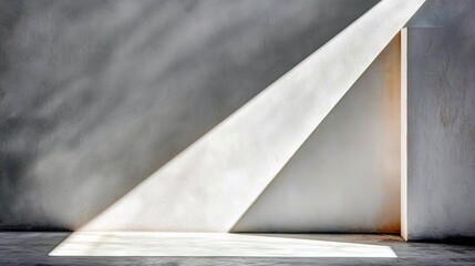 A minimalist interior scene featuring a textured grey wall and floor, with a dramatic diagonal beam of light illuminating a white wall and casting abstract shad