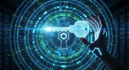 Hand Holding Digital Key Overlapping Keyhole, Cybersecurity Concept, Technological Shield, Abstract Geometric Pattern, Secure Access Point.