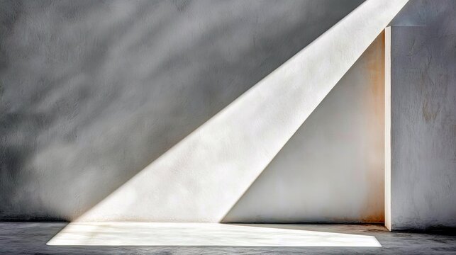 A minimalist interior scene featuring a textured grey wall and floor, with a dramatic diagonal beam of light illuminating a white wall and casting abstract shad - Powered by Adobe