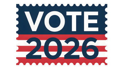 American election concept with the word vote and the year 2026 displayed on a stylized stamp design isolated on transparent background