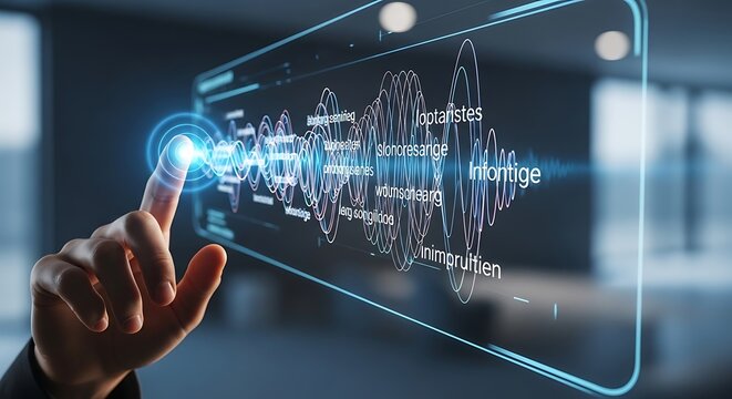 Hand Interacting with a Glowing Interface Displaying Abstract Text and Waveforms for Modern Technology Concept.