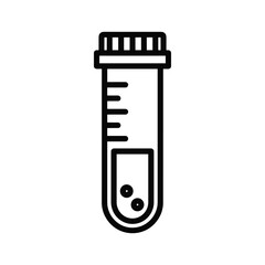 Simple black and white line icon of a laboratory test tube with liquid and small particles inside, isolated on