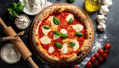 freshly baked pizza rustic kitchen wooden board mozzarella tomato basil ingredients warm lighting --v 5 --ar 16:9