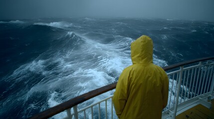 Person in yellow raincoat observing rough sea from a ship during a stormy day.